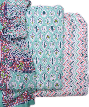 Sea Green Color Leaf Print 3 Piece Cotton Suit Set